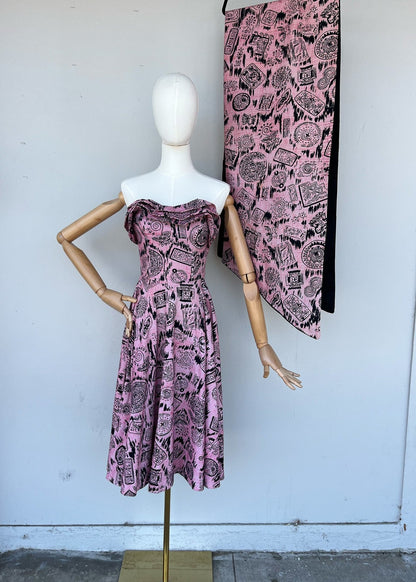 Rare Find 1950s Pink Hand Painted Dress & Shawl - XS - Crash The Party VintageCrash The Party VintageRare Find 1950s Pink Hand Painted Dress & Shawl - XS